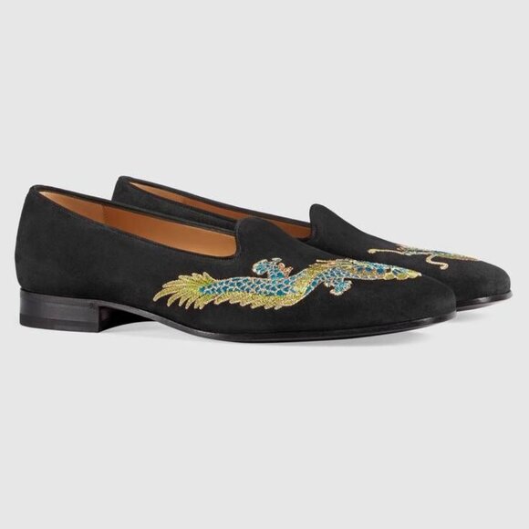 Gucci Men\'s Suede Black Loafer with Blue and Gold Embroidered Dragon main image 8